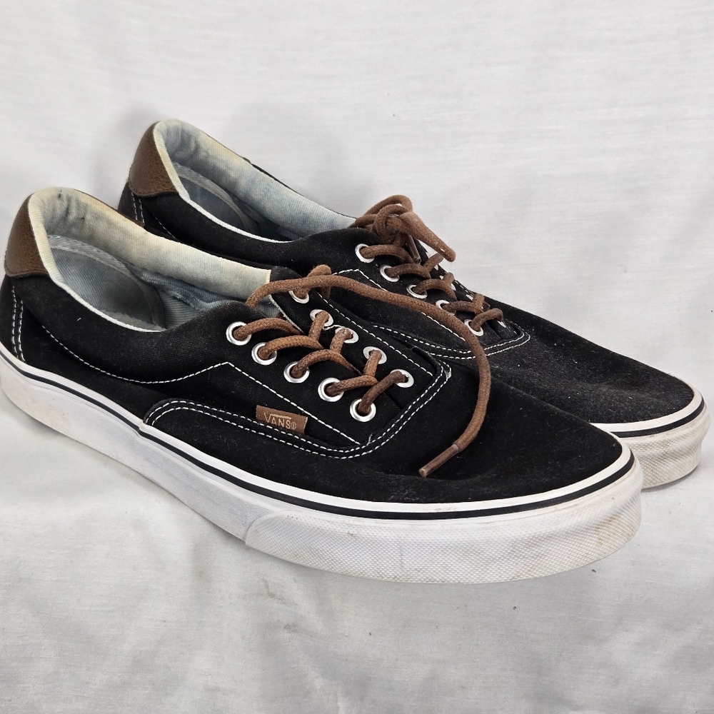Vans Sneakers Mens 11.5 Canvas Shoes Black with White Topstitching Brown Laces